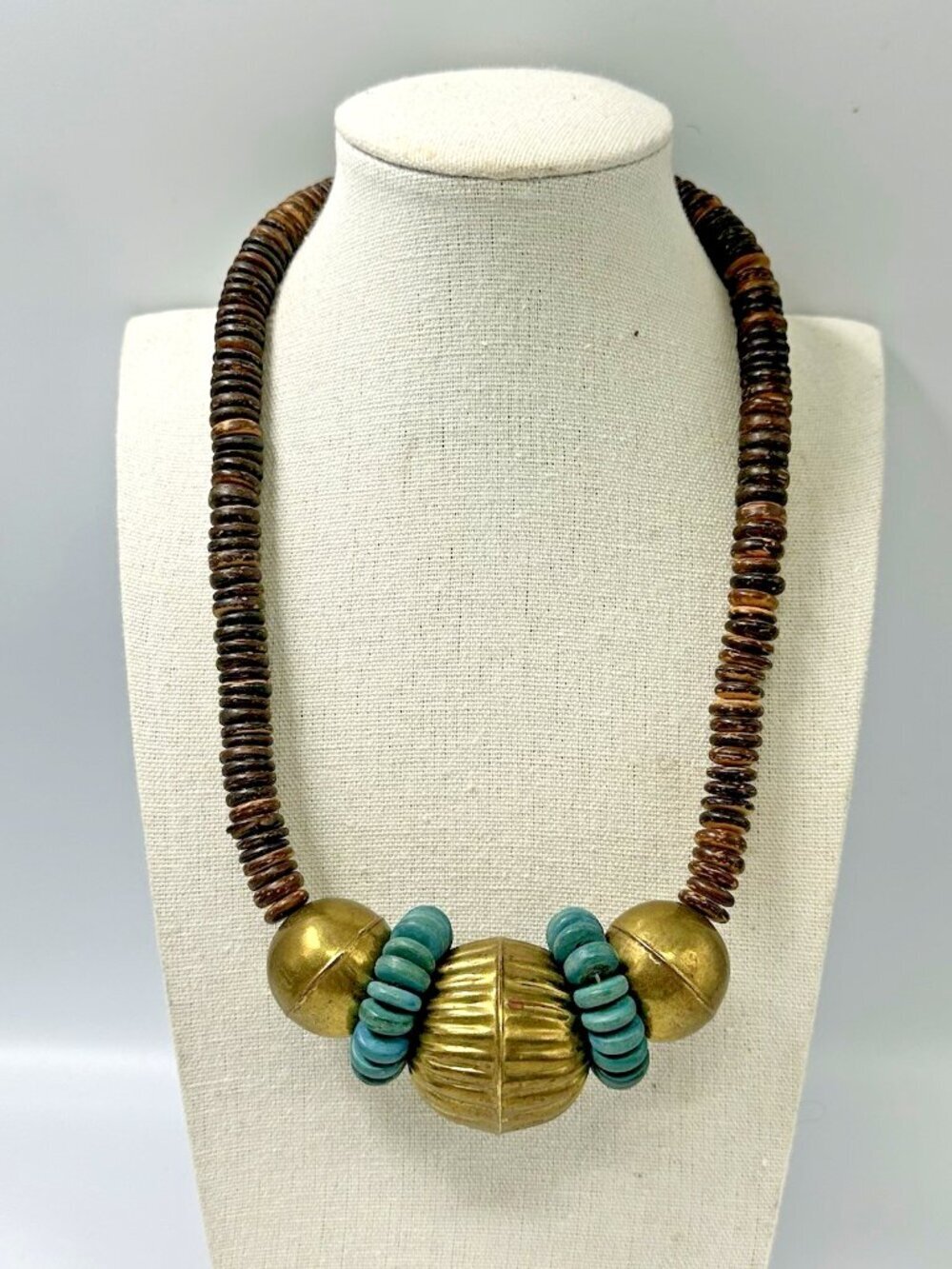 Vintage Boho Coconut Wood Bead Necklace Faux Turquoise Accents Brass Chunky